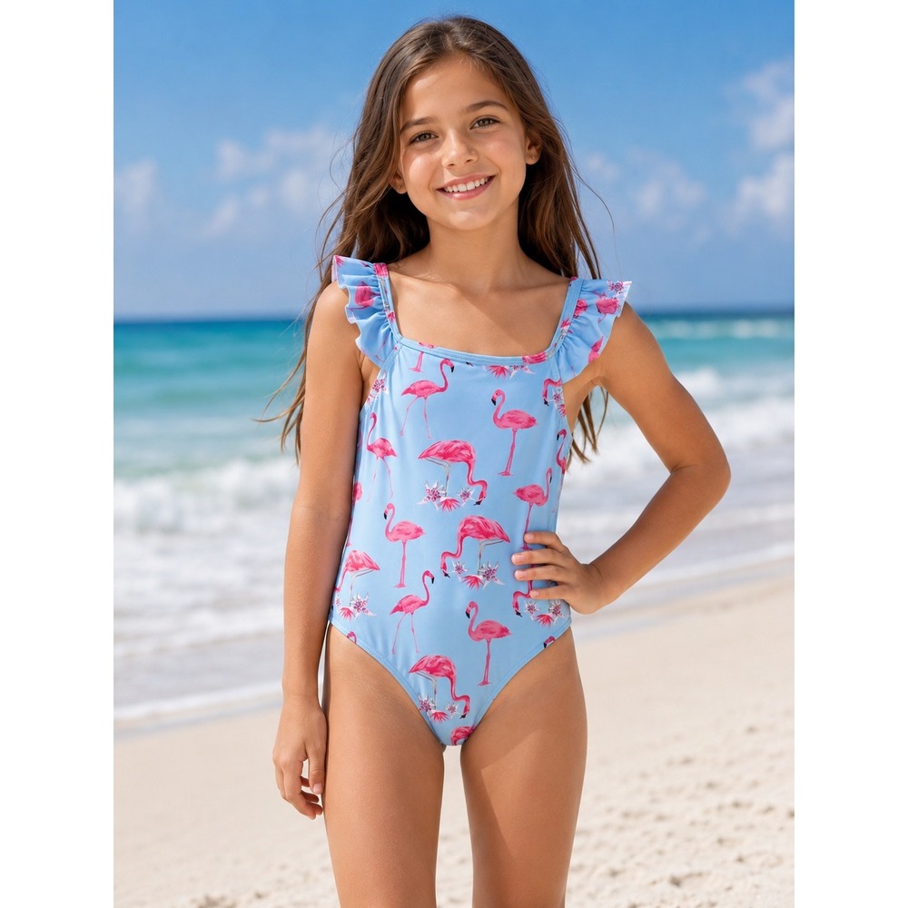 Girls Light Blue Pink Flamingo Ruffle One Piece Swimsuit Size‎ 140 US 10 NWOT
